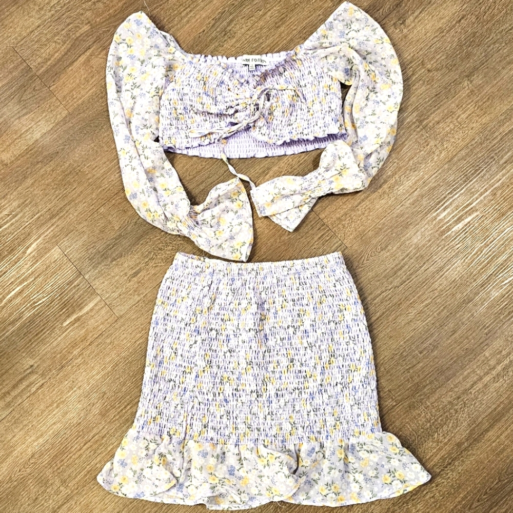 Floral 2 Piece Skirt Crop Top Set Purple Yellow Size Small Coachella Festival